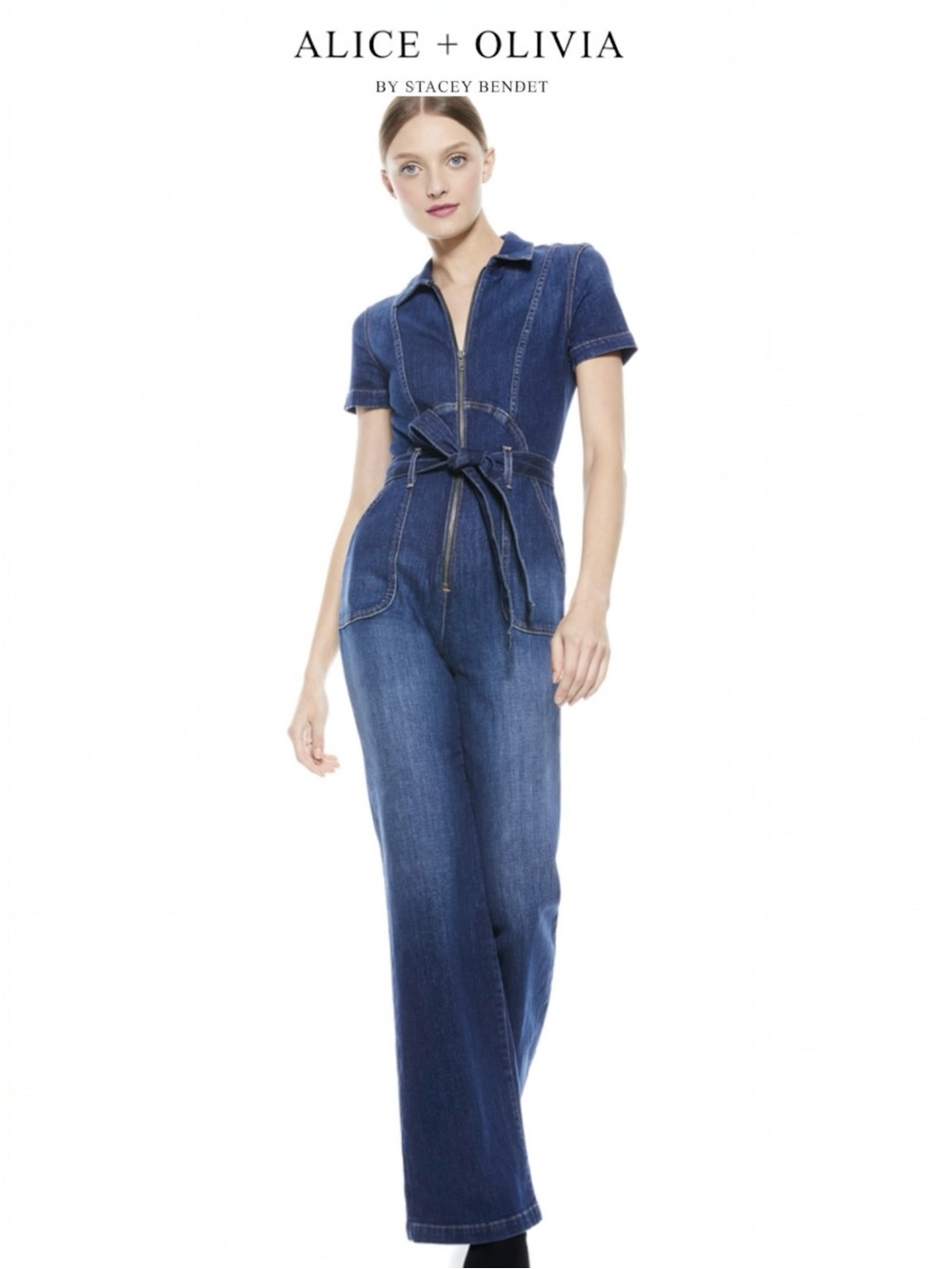 Alice + Olivia Indigo Denim Short-Sleeve Zip Front Jumpsuit